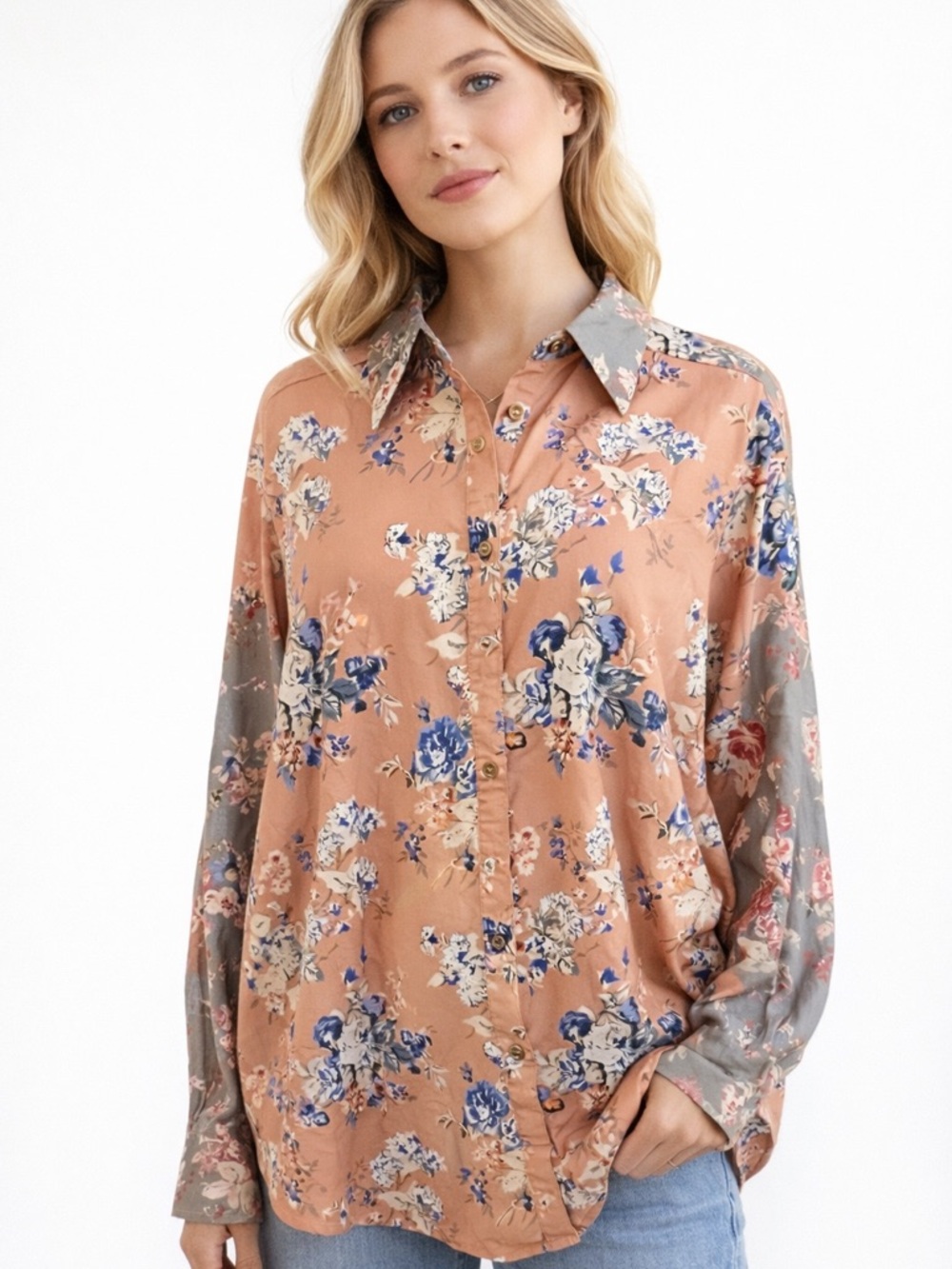 Blue Velvet Peach Floral Cotton Button‑Up Blouse • Size XL, NWT